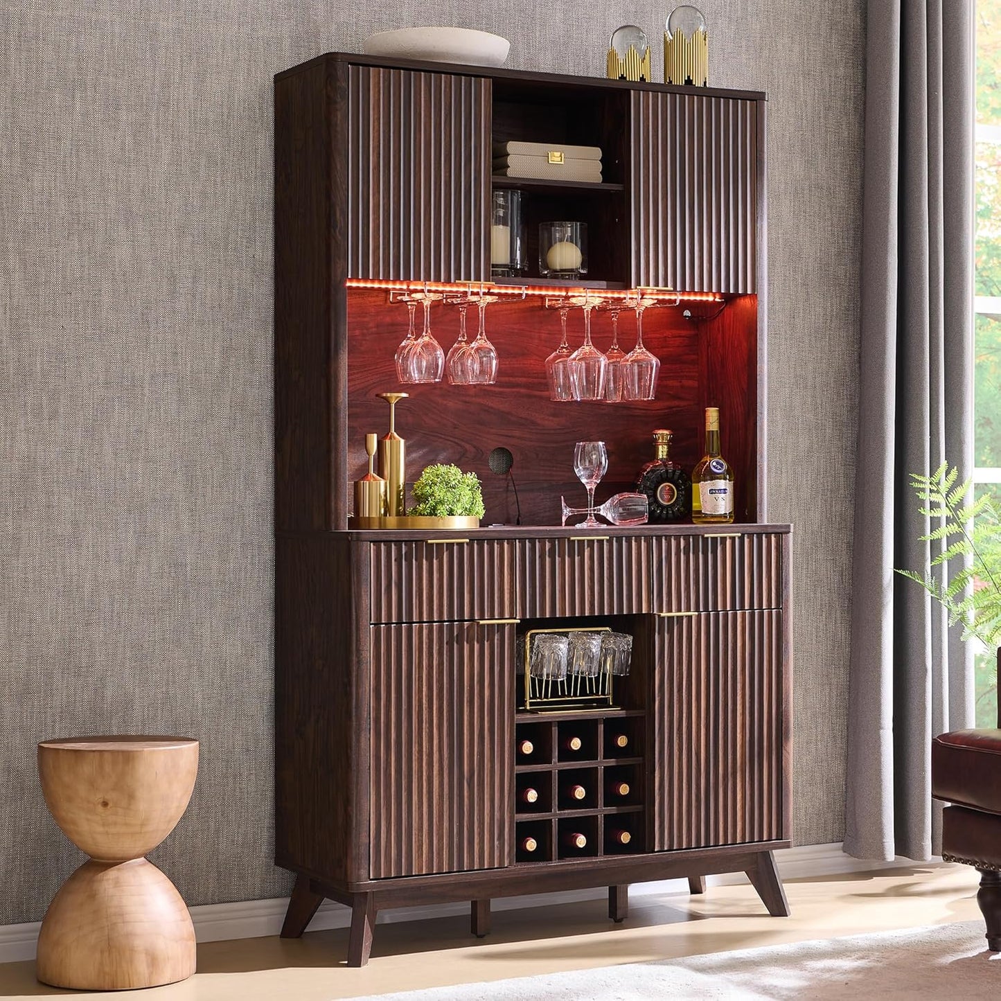 Modern Fluted Bar Cabinet with LED Lights | Elevate Your Home in Style