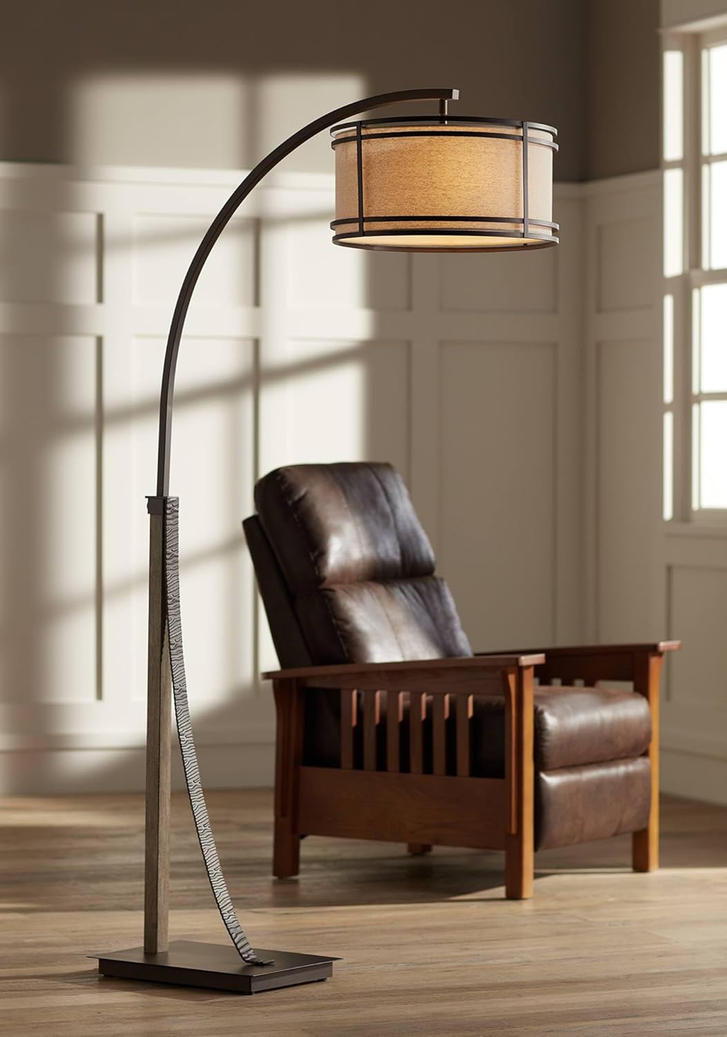 Farmhouse Arc Floor Lamp Industrial Style Standing Light with Fabric Shade